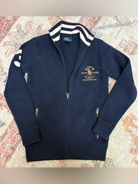 Polo by Ralph Lauren Navy Full-Zip Knit Cardigan with Striped Collar